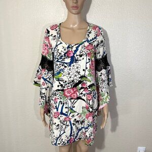 Voom by Joy Han Floral Bird Print Flare BOHO Short Dress Bell Sleeve XS